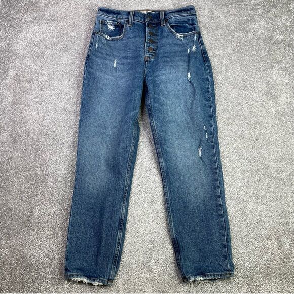 Abercrombie & Fitch Mom Jeans Women’s 26 Short Blue Tapered High Rise Distressed - Picture 1 of 11